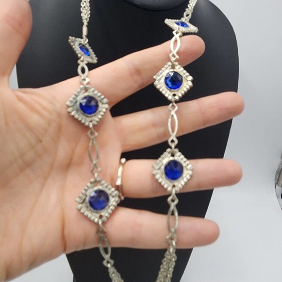 Vintage 1970s Blue Bezel Set Stations Tassel Necklace Hippie 32" Multi Chain - Picture 4 of 7